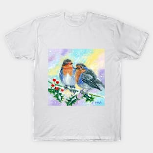 Robins on a holly branch T-Shirt